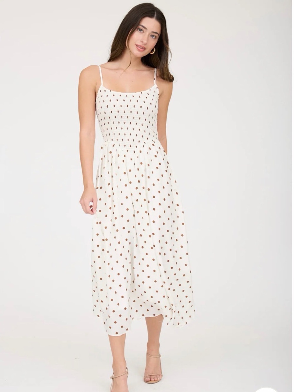 White Polka Dot Smocked Basque Waist Midi Dress Medium
